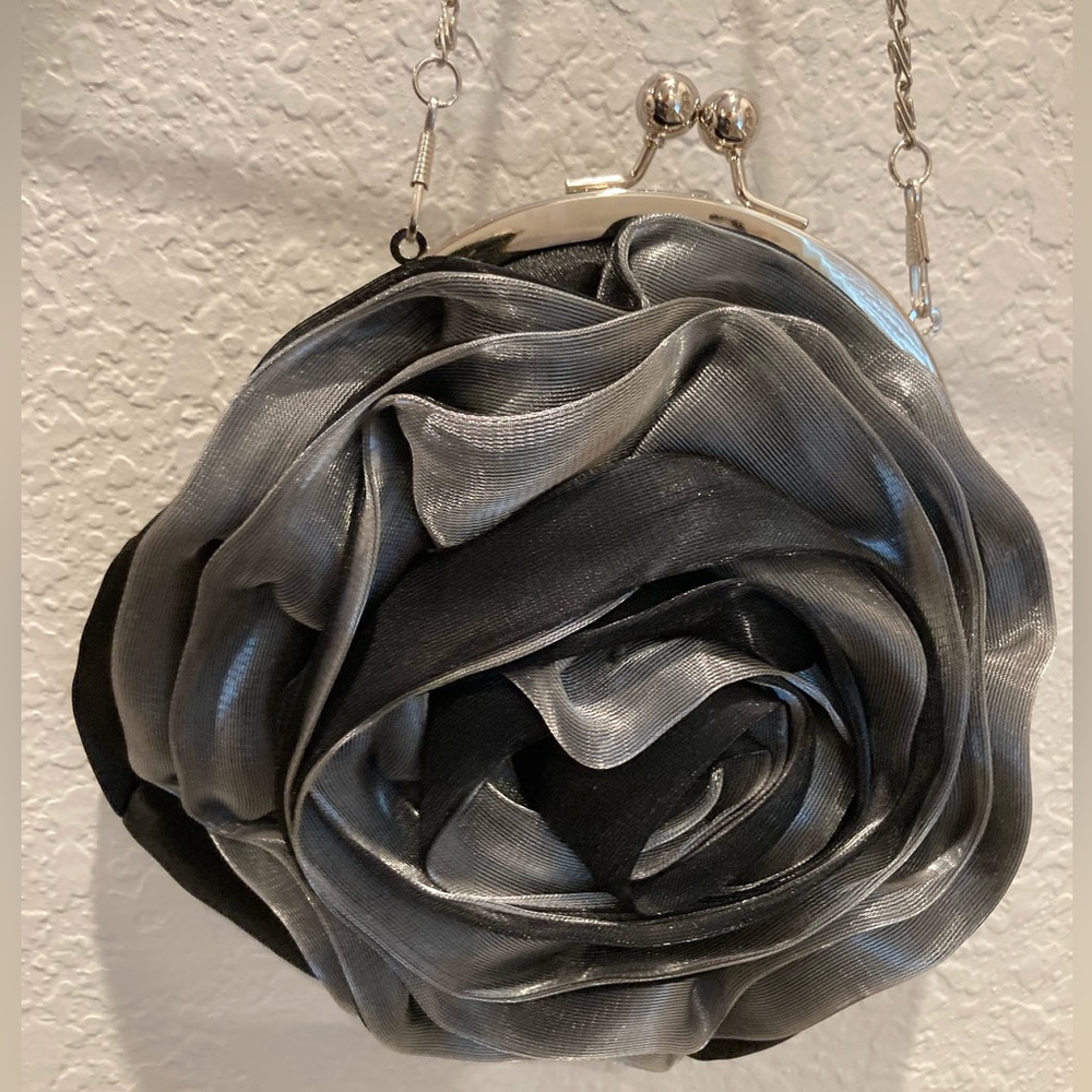 Francesca’s Black Satin Flower Clutch